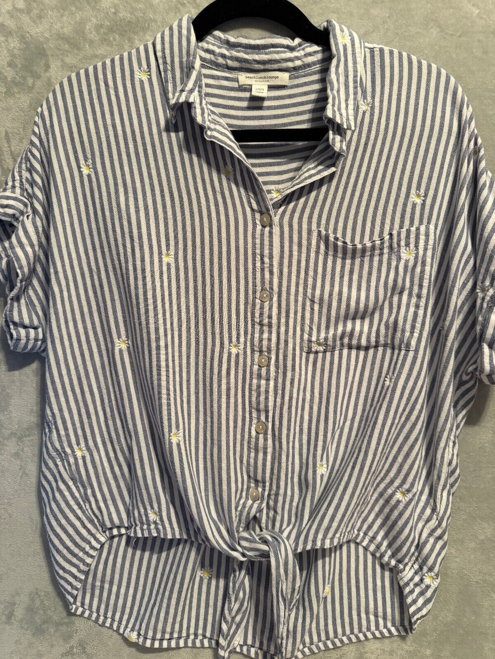 beachlunchlounge Collection Blue and White Striped Button-Up Blouse Tie Front - Picture 6 of 6